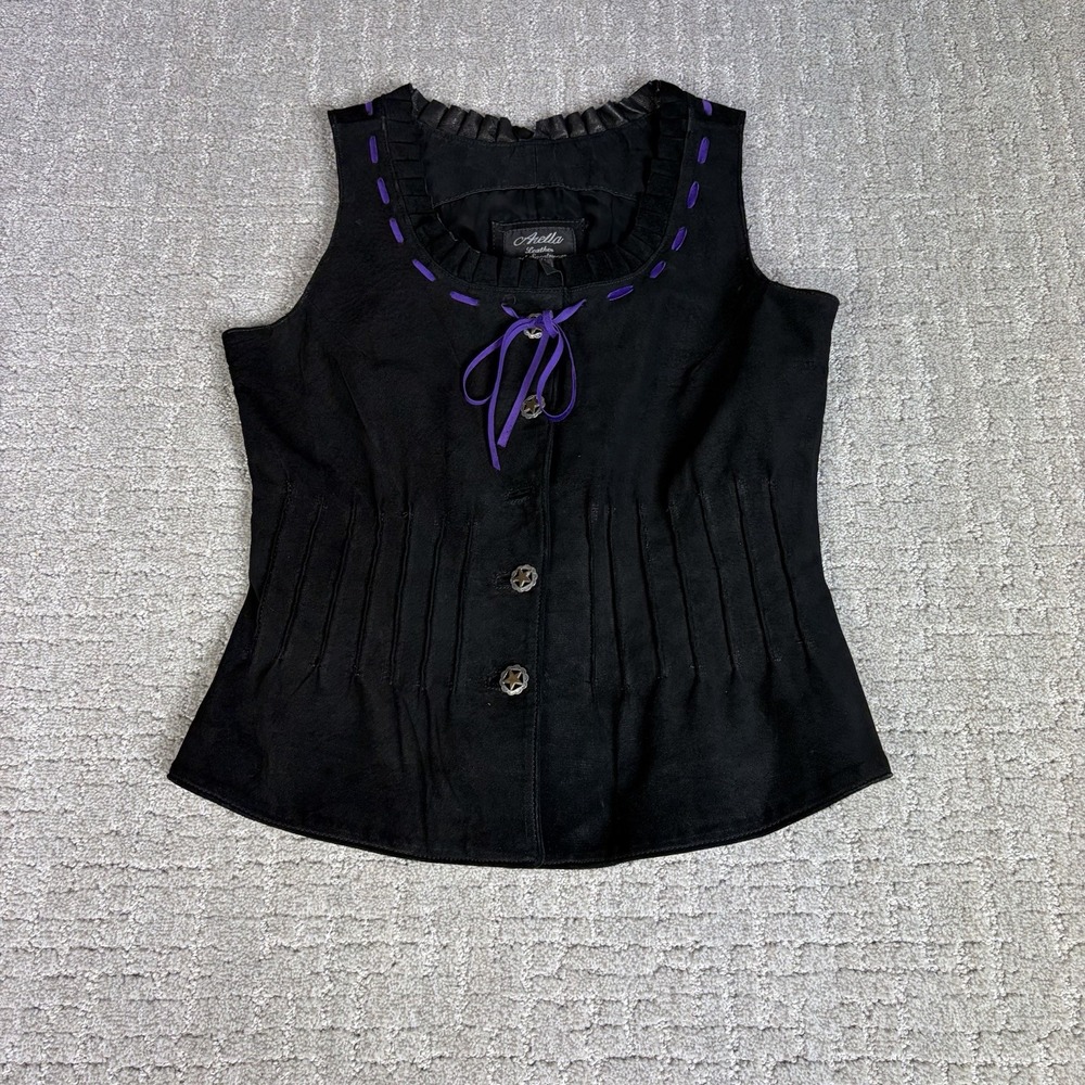 Arella Leather Vest Suede Black Purple Corset Pintuck Gothic Cottagecore Fairy M